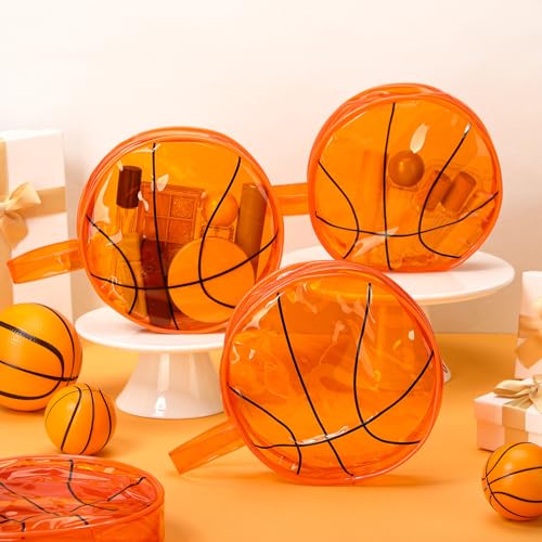Reginary 12 Pcs Basketball Clear Makeup Bag Cosmetic Snack Bag with Zipper Handle Strap Waterproof Travel Vacation Toiletries Accessories for Friends Women Basketball 2026 Senior Night Team Gift - style: Basketball