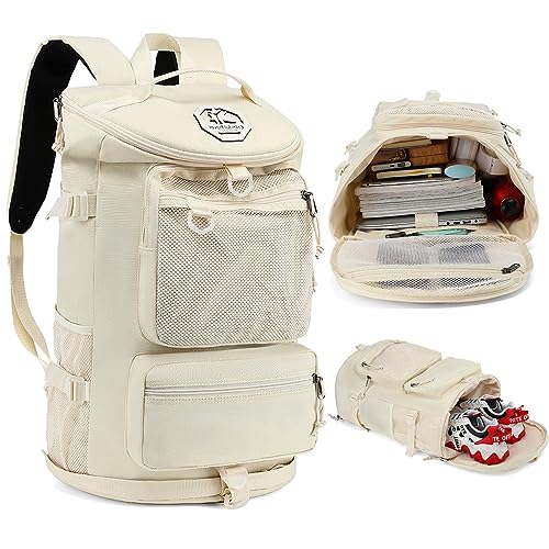 Solid color gym duffel bag backpack, wrestling bag,with shoe compartment, 4 kinds of back method waterproof travel sports walking laptop Lightweight（B-Sea Salt White） - color: B-Sea salt white
