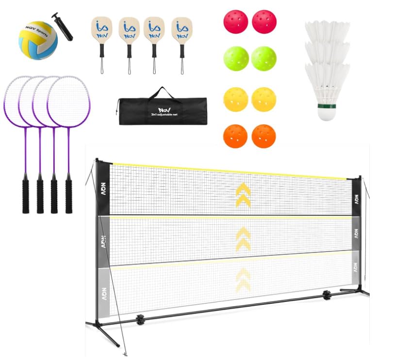NQV Pickleball Set with Net-10FT Half Court Size Pickleball Net+Wood Pickleball Paddles+Pickle Balls+Ball Retrievers+Pickleball Court Marking Kit, Portable Driveway Outdoor Indoor for Beginners Pros - style: height adjustable 3 in 1 net
