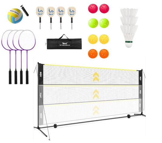 NQV Pickleball Set with Net-10FT Half Court Size Pickleball Net+Wood Pickleball Paddles+Pickle Balls+Ball Retrievers+Pickleball Court Marking Kit, Portable Driveway Outdoor Indoor for Beginners Pros - style: height adjustable 3 in 1 net
