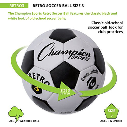 Champion Sports Retro Soccer Ball – Sizes 3, 4, 5, Soft Touch, All Weather, Official Size & Weight Ball for Training, Games, Outdoor & Indoor Play - size: Size 3