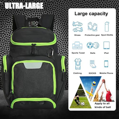 LARIPOP Basketball Backpack with Ball & Ventilated Shoe Compartment Insulated Pockets for Men Youth Training - color: Green
