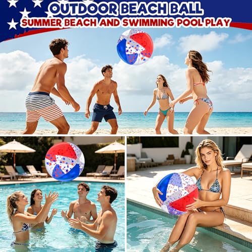 12 Pack 16" Inflatable Patriotic Beach Balls,4th of July Red White and Blue Stars Glitters Beach Ball Bulk,250th Anniversary Pool Toys for Kids & Adults Summer Swimming Pool Beach Party Game Water Toy - color: Patriotic White Red and Blue