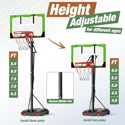 Basketball Hoop Outdoor with 33 Inch Shatterproof Backboard, Portable Basketball Goal System - style: 4.0-8.5FT (Green)
