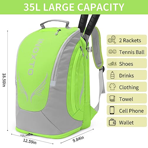 INOXTO 40L Tennis Backpack for Men & Women, Large Pickleball Bag With Independent Shoe Storage, Waterproof & Breathable, Holds 2 Tennis Rackets for Badminton, Travel & Camping - color: Light green