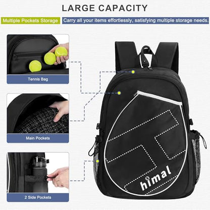 uniHimal Tennis Bag Tennis Backpack for Men Women, Large Capacity Holds 2 Rackets with Ventilated Shoe Compartment and Insulated Pocket - color: Bright Black