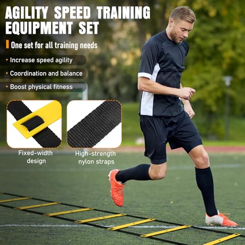 Agility Ladder & Soccer Goal Training Set, 20ft Speed Ladder with Cones, Hurdles, Jump Rope & Parachute, Plus 2 Pack Pop Up Kids Soccer Goals with Ball & Cones for Backyard Sports Practice