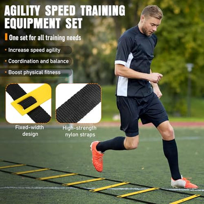 Agility Ladder & Soccer Goal Training Set, 20ft Speed Ladder with Cones, Hurdles, Jump Rope & Parachute, Plus 2 Pack Pop Up Kids Soccer Goals with Ball & Cones for Backyard Sports Practice