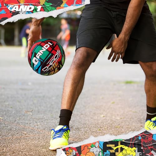 AND1 Chaos Basketball: Official Regulation (29.5 inches) Rubber - Deep Channel Construction Streetball, Made for Indoor Outdoor Basketball Games - color: Green/Red Graffiti