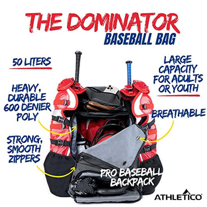 Athletico Dominator Baseball Bag - Softball Bat Bag with Shoes Compartment for Youth, Boys and Adult, Lightweight Baseball Bag with Fence Hook Hold TBall Bat, Batting Mitten, Helmet, Caps, Teeball Gear - color: Black