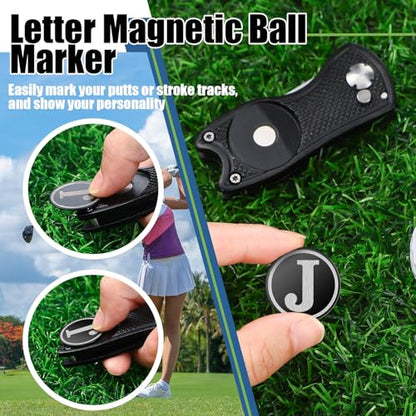 Golf Divot Repair Tool with Letter Custom Monogrammed Initial Ball Marker Divot Tool New Year Golf Gifts Foldable Metal with Magnetic Putt Alignment for Men Father Golfer - color: Black, style: Letter J