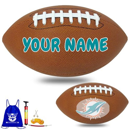 Personalized Customized Football - Official Size 9 Leather Footballs with Team Logo + Your Name - Football Fans Gift - color: Miami Dolphins