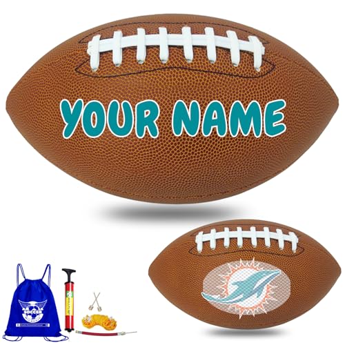 Personalized Customized Football - Official Size 9 Leather Footballs with Team Logo + Your Name - Football Fans Gift - color: Miami Dolphins