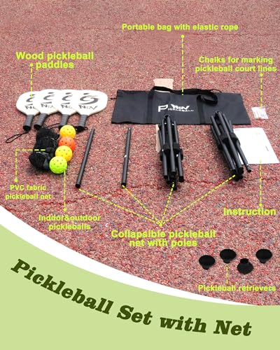 NQV Pickleball Set with Net-10FT Half Court Size Pickleball Net+Wood Pickleball Paddles+Pickle Balls+Ball Retrievers+Pickleball Court Marking Kit, Portable Driveway Outdoor Indoor for Beginners Pros - style: 4-player set