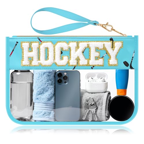 BuyCard Hockey Gifts Makeup Bag with Chenille Letter Patch, Clear Cosmetic Pouch PVC Organizer Purse, Waterproof Travel Bag, Portable Toiletry Storage Bag for Her Friends - color: Ice blue-Hockey