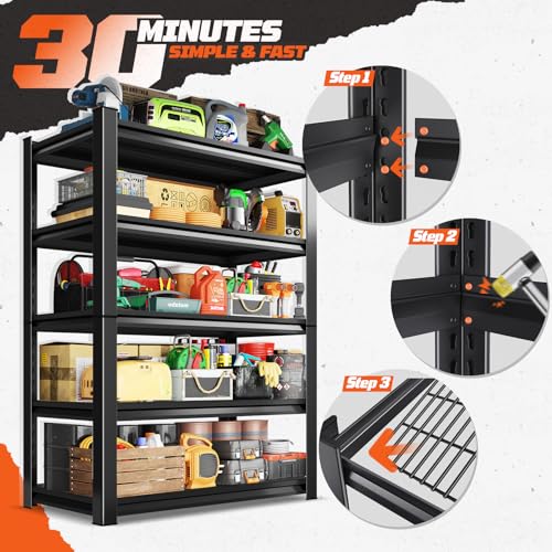 Garage Shelving, 5-Tier Garage Storage Shelves, 2000LBS Heavy Duty Shelves, 72" H x 59" W x 19.6" D Metal Shelving Unit, Utility Adjustable Storage Shelf for Warehouse, Basement, Closet - size: 72"H x 59"W x 19.6"D