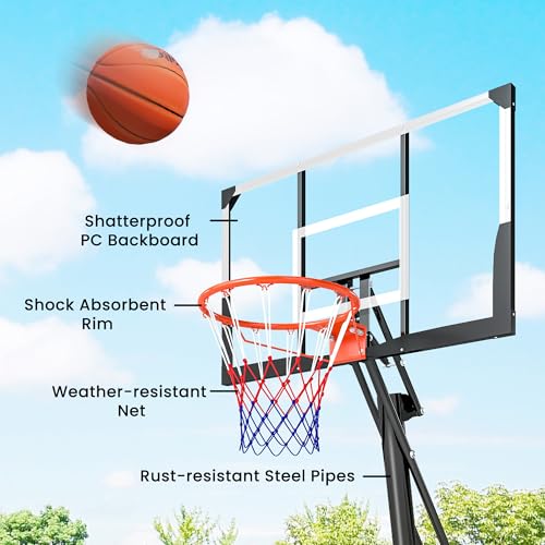 Soozier Basketball Hoop Outdoor Portable, 8-10ft Adjustable Basketball Goal, 47 Inch Shatterproof Backboard w/Shock Absorbent Rim, Fillable Base, for Youth & Adult, for Backyard, Driveway, Indoor