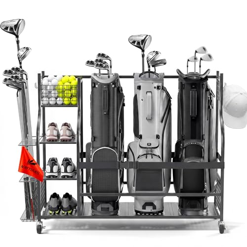 Golf Bag Storage Rack for Garage, Heavy Duty Golf Organizer with 3-Tier Storage Shelf, Golf Club Stand Holder for 2-3 Bags, Balls, Shoes & Accessories, Metal Golf Equipment Storage Organizer - size: 3-Bag Capacity