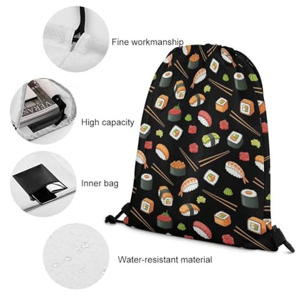 Travel Drawstring Backpack Theft Proof Cinch Sack Water Resistant Sackpack for Camping Hiking Outdoor Sports, Japanese Sushi Bags - color: Picture (368)