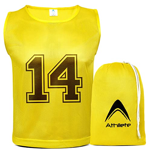 Athllete 12 pcs Duramesh Pinnies/Scrimmage Vest - Kids Youth and Adult Pinnies, Numbered Penny Jerseys for Soccer - color: Golden Yellow Numbered Front/Back (13-24), size: Large