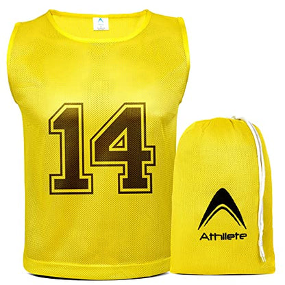 Athllete 12 pcs Duramesh Pinnies/Scrimmage Vest - Kids Youth and Adult Pinnies, Numbered Penny Jerseys for Soccer - color: Golden Yellow Numbered Front/Back (13-24), size: Large
