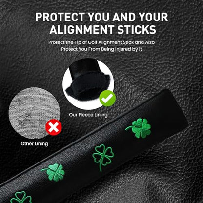 FINGER TEN Golf Alignment Stick Cover Headcover Rods Holder Case Leather 14''× 2'' in USA Black White Green Hold At Least 2 Sticks - color: Black-Lucky Clover