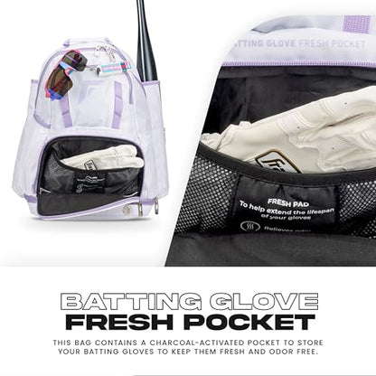 Franklin Sports USA SB Gameday Fastpitch-Softball Backpack – Adult +Youth Softball + Baseball Equipment + Bat Bag – Stores Batting Gloves, Helmet, Cleats - Waterproof Premium Batpack - color: White/Lilac