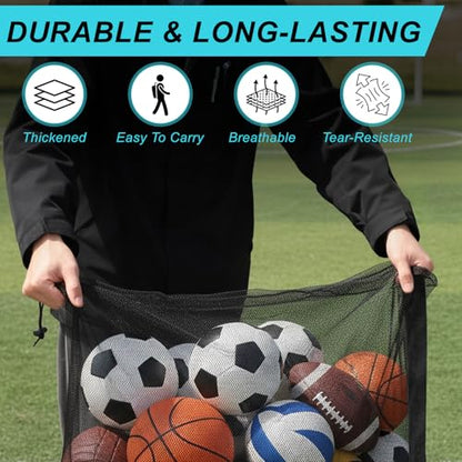 Heavy Duty Soccer Ball Net Bag, Extra Large Sports Ball Bag Mesh(Holds 10-12 balls), 40" x 30" Drawstring Mesh Ball Bag with Pocket for Gym, Beach, Fabrics, Basketball, Volleyball, Swimming Gear