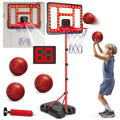 Kids Basketball Hoop Adjustable Height 3.5FT-6.2FT, Indoor & Outdoor Toddler Basketball Hoop with Scoreboard & LED, Boys Basketball Toy for 3 4 5 6 7 8 Years Gift, Portable Basketball Goals Sport Game