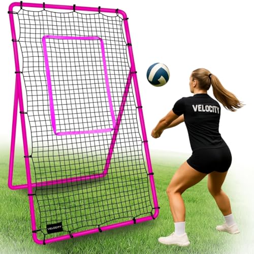 Velocity Volleyball Rebounder 5-Angle Adjustable 7x4 ft Volleyball Rebounder Net for Backyard with Reinforced Steel Frame & High-Tension PE Netting Bounce Back Net with Travel Bag, (Pink)
