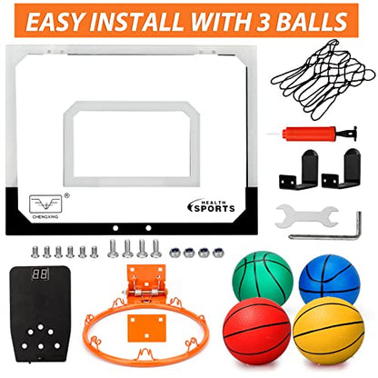 Larger Indoor Basketball Hoop with 9" Large Dunk Rim for Kids and Adults, Over The Door Basketball Hoop for Bedroom with 3 Rubber Small 6" Basketball Sport Toy Gifts - style: Socreboard