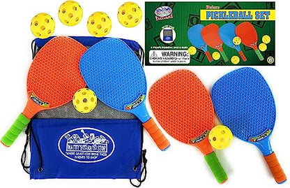 Matty's Toy Stop Deluxe Pickleball Set, Featuring 4 Plastic Paddles, 6 Pickleball Balls and Storage Bag