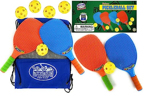 Matty's Toy Stop Deluxe Pickleball Set, Featuring 4 Plastic Paddles, 6 Pickleball Balls and Storage Bag