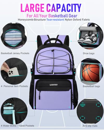 LOINTET Basketball Bag Backpack with Ball Holder Shoes Compartment, Large Basketball Accessories Sports Bag - color: Light Purple