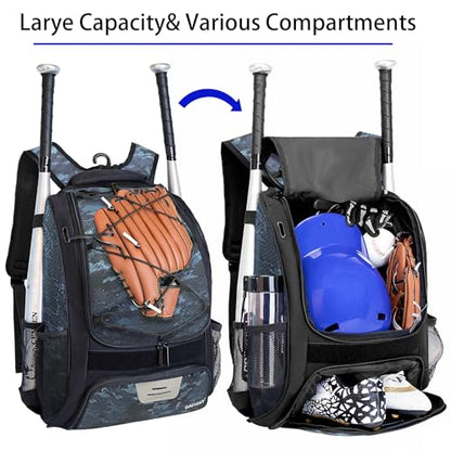 DAFISKY Baseball Bag Softball Backpack - Youth Adult T Ball Bat Equipment Bag with Bat Helmet Holders, Shoe Compartment - color: CamouflageBlue