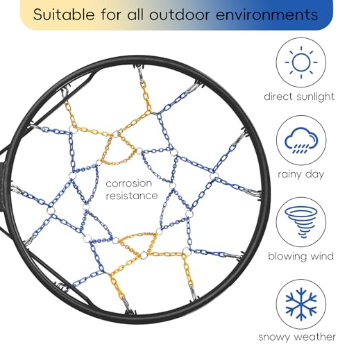 Basketball Net Heavy Duty Replacement,Carbon Steel Chain Basketball net, Anti-Rust Use Indoor Outdoor Standard 12 Loops Hoop - color: Blue/Yellow