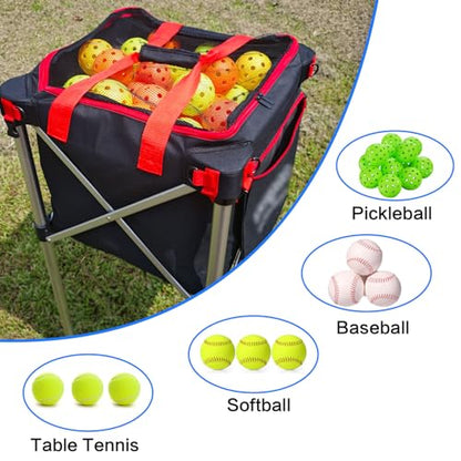 Pickleball Tennis Ball Hopper-Foldable Lightweight Tennis Cart Holds 180 Tennis/160 Pickleballs with Removable Bag,Wheels,Side Pocket for Training/Teaching, for Tennis/Pickleball/Baseball/Softball - style: Red