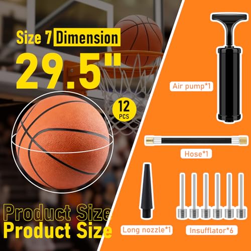 12 Pack Basketballs Bulk Official Size 7 Men Adults for Outdoor Indoor, 29.5" Teens Inflatable Basketballs Rubber Street Ball with Pump & Needles Set for Basketball Games Training Competition