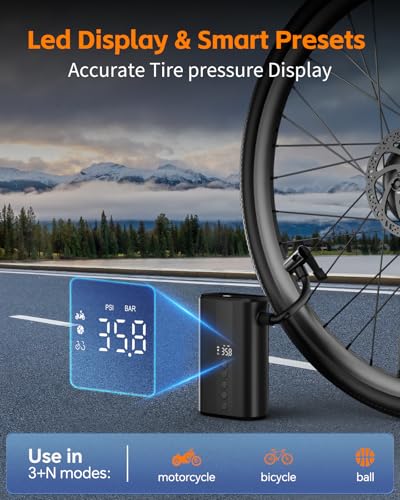 YANTU Bike Pump with Gauge, Metal-Cylinder Electric Mini Pump for Bicycle Tire 150PSI, Portable Presta Valve Pump with Digital Pressure Gauge, Rechargeable LED Light Air Compressor for Bike Moto