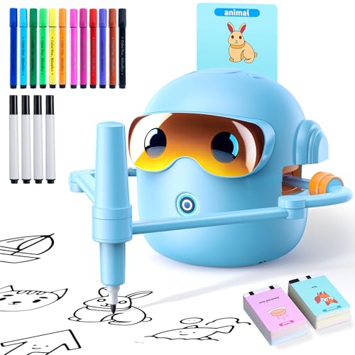 Drawing Robot for Kids Montessori Painting Toys for 3 4 5 6 7 8 Year Old, Voice Interactive Educational Drawing Machine with 100 Cards,16 Colorful Pens & Music-Gift for Boys Girls - size: Blue