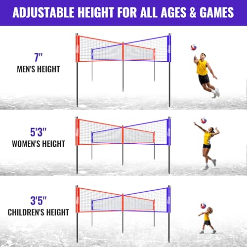SPOYNAL 14FT 4 Way Volleyball Net Set, 4 Square Volleyball Game Set with Adjustable Height 7/5.3/3.5 FT, Outdoor Games for Backyard, Beach, Park with Volleyball & Carry Bag