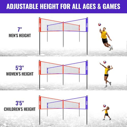 SPOYNAL 14FT 4 Way Volleyball Net Set, 4 Square Volleyball Game Set with Adjustable Height 7/5.3/3.5 FT, Outdoor Games for Backyard, Beach, Park with Volleyball & Carry Bag