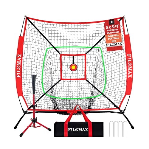 5x5ft Baseball & Softball Practice Net for Kids,with Red Youth Tee & Strike Zone, Portable Backyard Batting Net for Softball & Baseball, Perfect for Children 12 & Under
