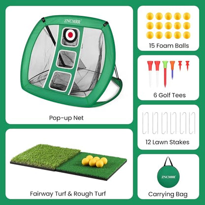 Pop Up Golf Chipping Net, Indoor/Outdoor Golfing Target Net Collapsible Portable Golf Hitting Net with 15 Training Balls and 2 Hitting Mats for Backyard Driving and Swing