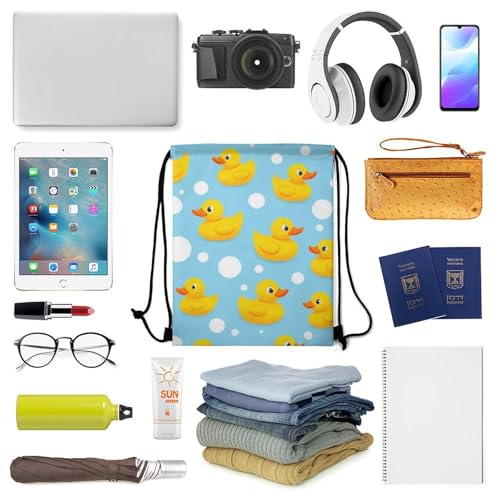 Gym Drawstring Bag Sports Sackpack Waterproof String Backpack with Shoe Compartment for Hiking Swimming Training, Cute Funny Yellow Rubber Ducks And Bubbles Blue Bags - color: Picture (748)