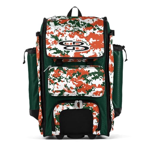 Boombah Rolling Catchers Superpack Baseball/Softball Gear Bag Digital Camo - 23-1/2" x 13-1/2" x 9-1/2" - Multiple Colors - Telescopic Handle and Holds 4 Bats - Wheeled Version - color: Dark Green/Orange