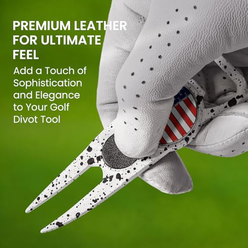 FINGER TEN Golf Divot Repair Tool and Ball Marker 7-in-1 Value 2 Pack, Premium Leather Grip Tools with Belt Clip, Club Tee, Club Groove Cleaner, Bottle Opener, Putting Alignment Guide - color: Dots