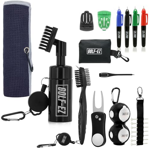 Golf Essentials Kit | Must-Have Accessories – Water Brush, Towel, Club Brush, Ball Marker, Divot Repair Tool, Ball & Tee Holder, Golf Gifts for Men & Women - color: Black