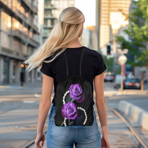 Castle Fairy Noble Elegant Purple Roses Drawstring Gym Bag,Pearl Foldable Waterproof Drawstring Backpack,Beautiful Flowers Draw String Back Bags for Shopping,Swimming,Beach,Black Purple - color: Black Purple