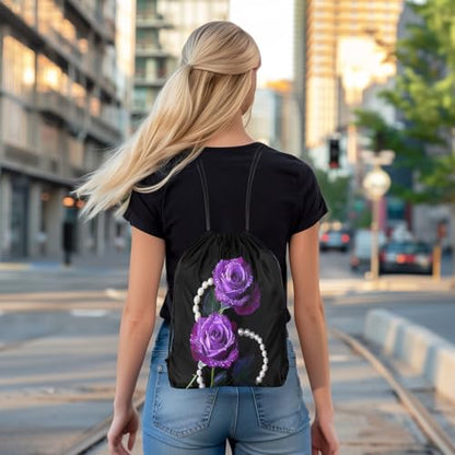 Castle Fairy Noble Elegant Purple Roses Drawstring Gym Bag,Pearl Foldable Waterproof Drawstring Backpack,Beautiful Flowers Draw String Back Bags for Shopping,Swimming,Beach,Black Purple - color: Black Purple